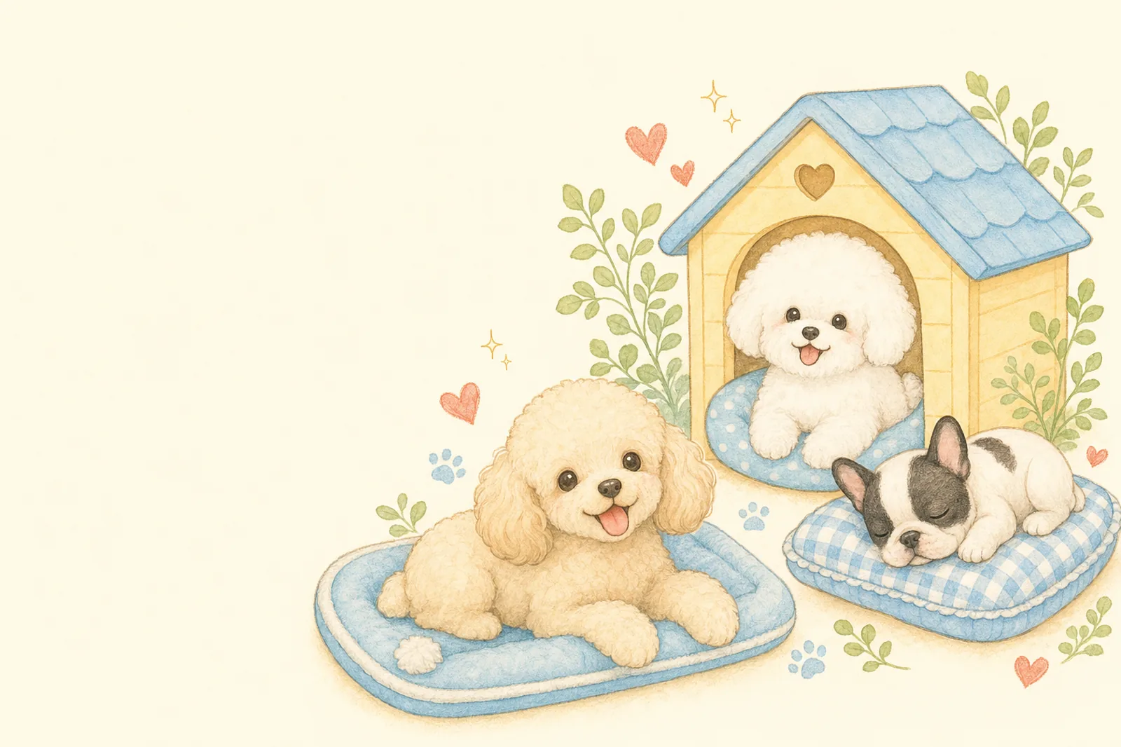小狗們在藍頂狗屋與軟墊上放鬆休息的手繪插畫