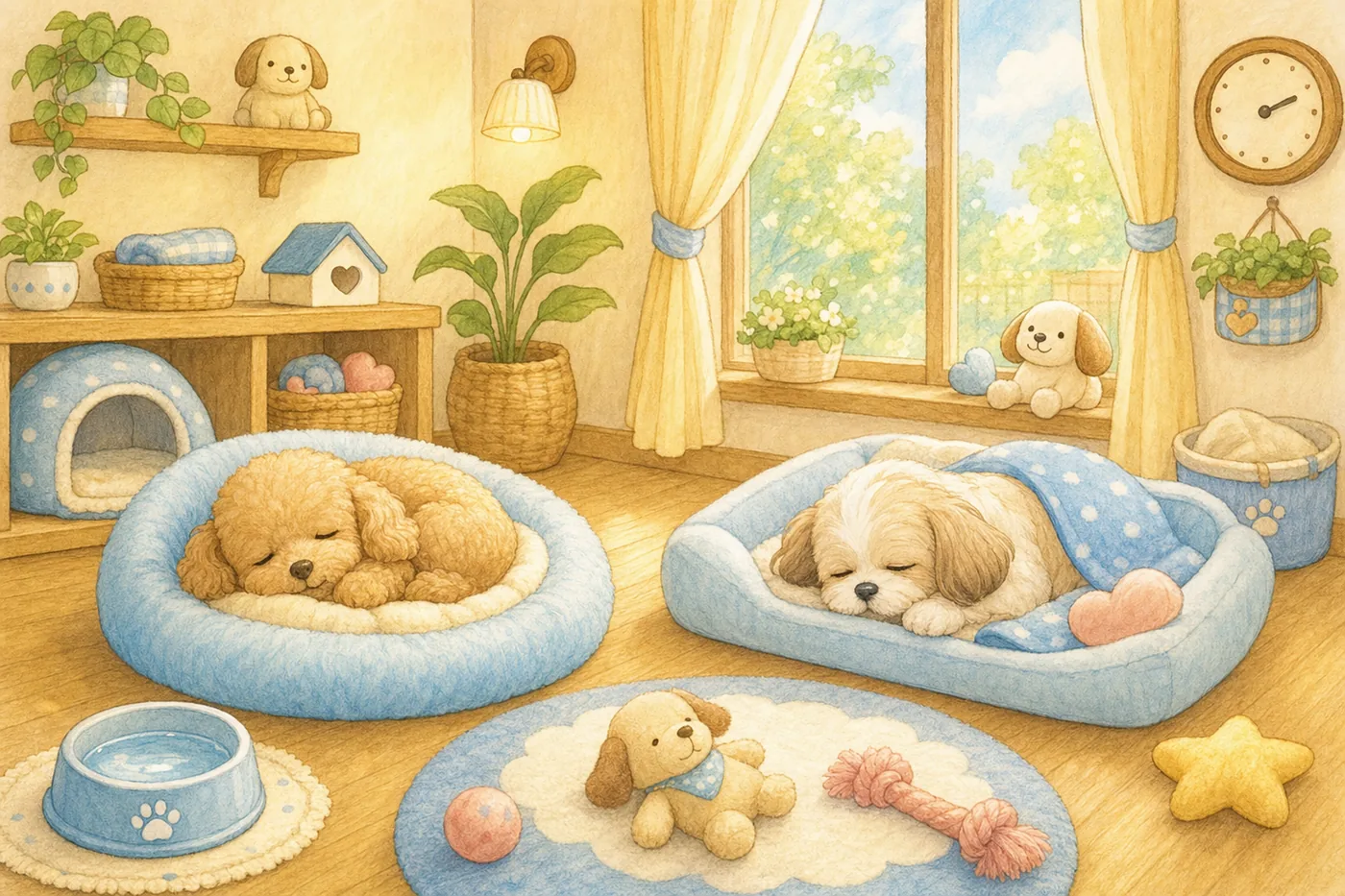 陽光灑進的溫暖住宿房間，小狗在軟墊上睡覺的插畫
