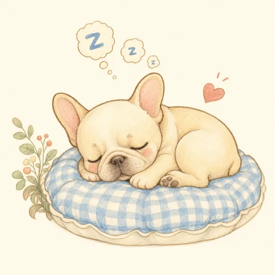 在藍白格子軟墊上熟睡的法鬥幼犬插畫